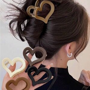 4 of Chic Heart-Shaped Hair Clips Set - Black, Brown, Dark Beige and Cream
